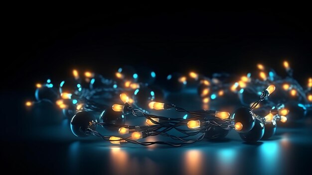 A close up of a string of lights with a dark background