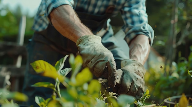 手袋をかぶった強い男が庭で葉を切っている農夫が夏の朝を田舎の家の近くの庭で働いて過ごしている