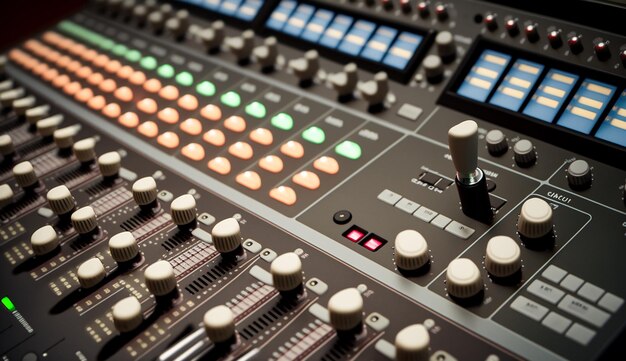 Close up studio mixers used for media audio music technology background image