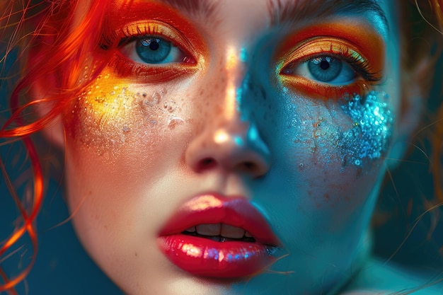 Close up studio portrait of beautiful woman with bright make up