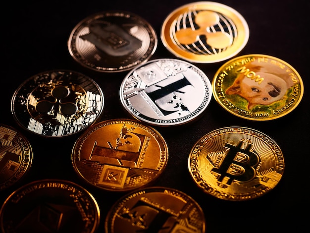 Close up studio shot of cryptocurrencies