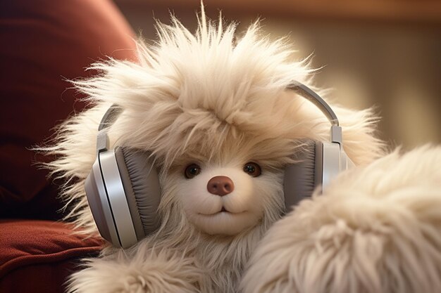 Close up of a stuffed animal rocking a pair of headphones