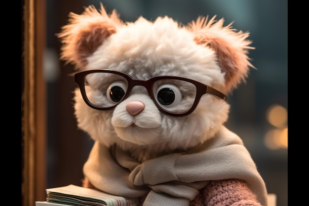 Close up of a stuffed animal wearing glasses generative ai