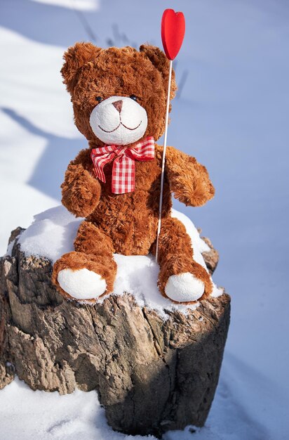 Foto close-up di un giocattolo di peluche sulla neve