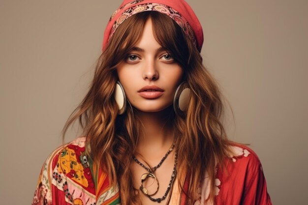 close up Stylish young hippie woman solid background