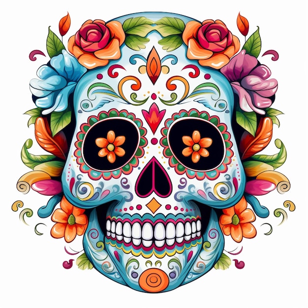 A close up of a sugar skull with flowers on it generative ai