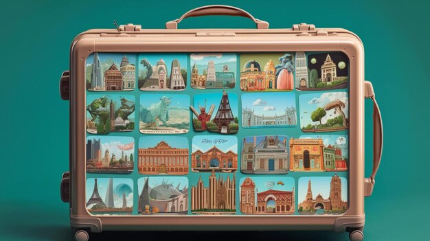 A close up of a suitcase with pictures of different countries generative ai