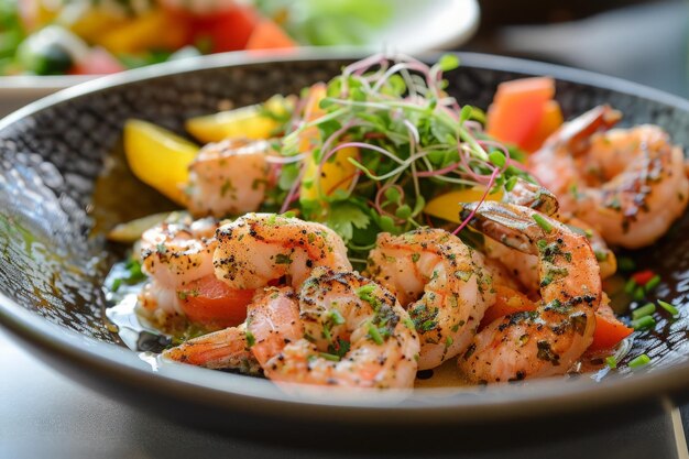 A close up of a sumptuous plate featuring succulent shrimp expertly prepared and beautifully presented