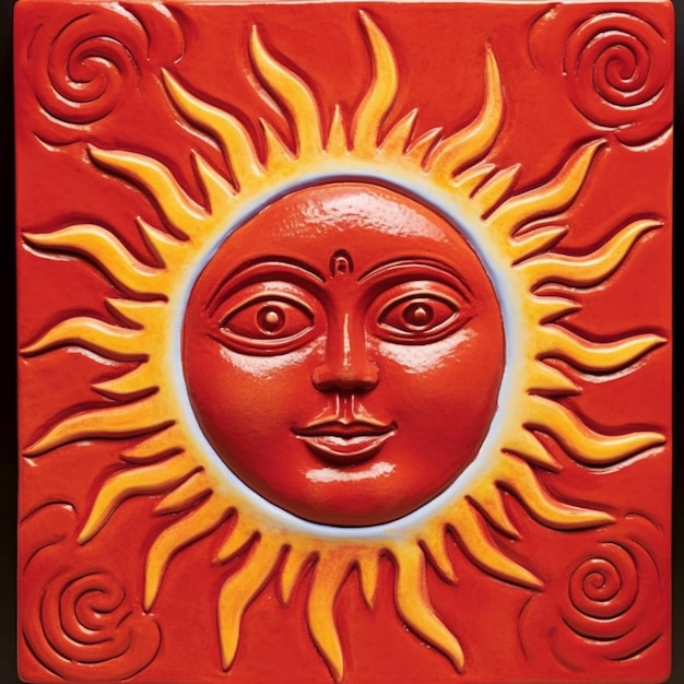 A close up of a sun face on a red background generative ai