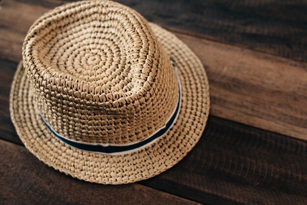 Close-up of sun hat on table