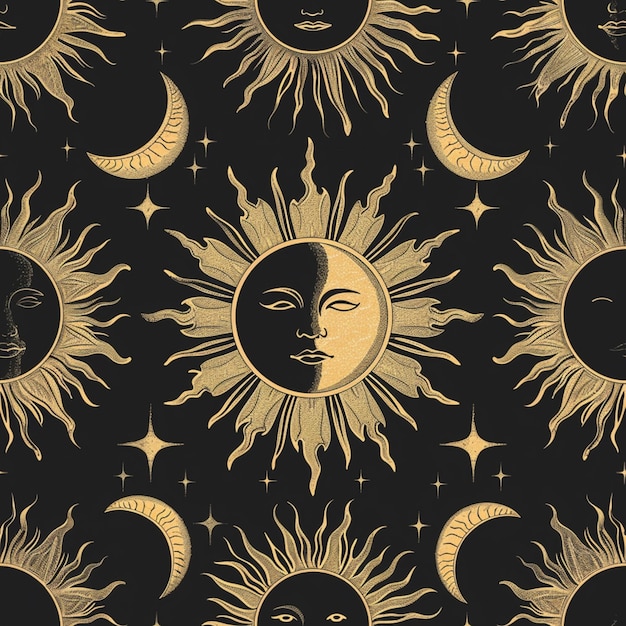 Близкий взгляд на солнце и луну с лицами на черном фоне
