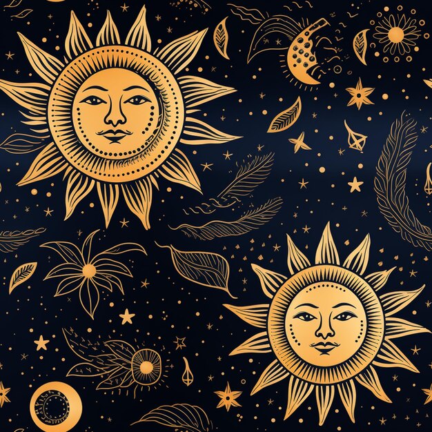 a close up of a sun and moon with stars and clouds generative ai