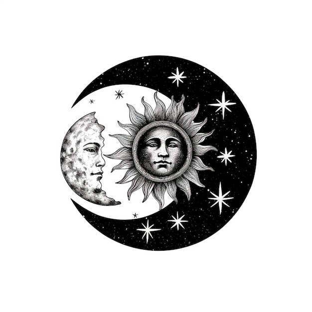 Крупный план солнца и луны со звездами, генерирующим ай