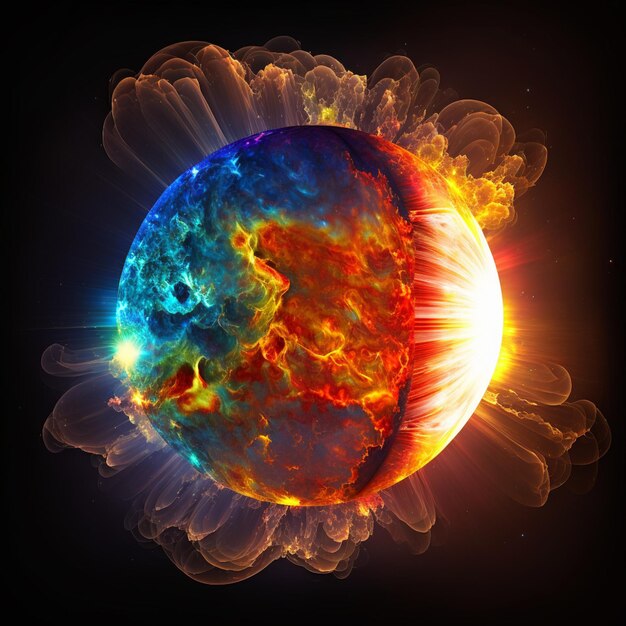 A close up of a sun with a bright orange and blue background generative ai