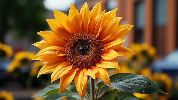 A close up of a sunflower focusing on the vibrant yellow petals the textured center and the sur