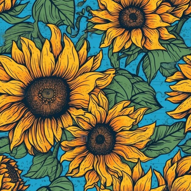 Photo a close up of a sunflower pattern on a blue background generative ai