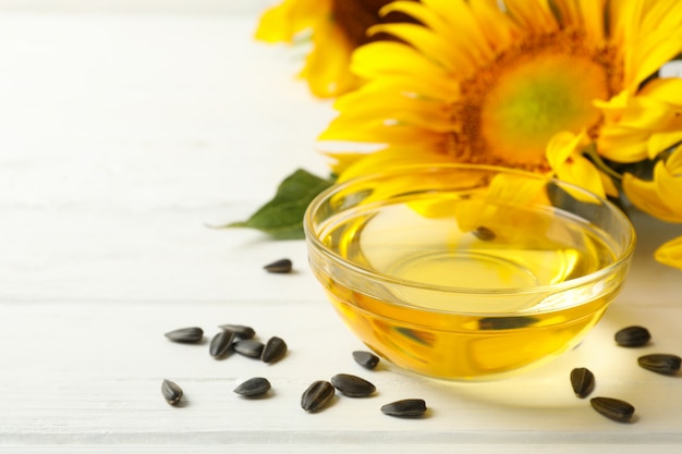 Photo close up on sunflower, seeds and oil