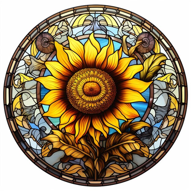 A close up of a sunflower in a stained glass window generative ai