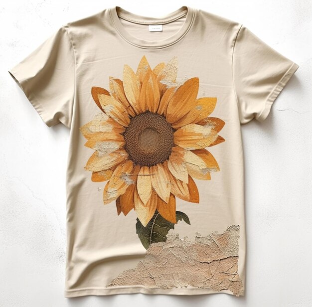 A close up of a sunflower on a t shirt on a white surface generative ai