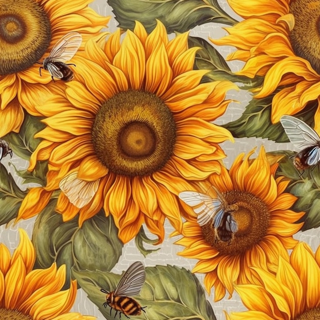 A close up of a sunflower with bees on it generative ai