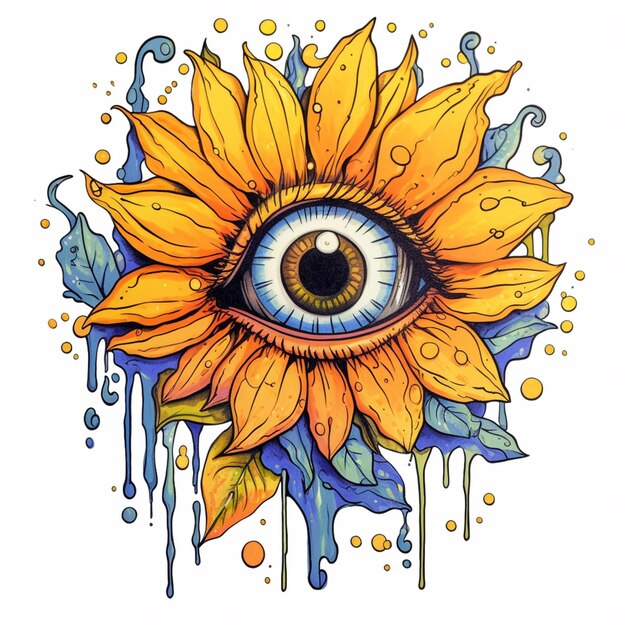 A close up of a sunflower with a blue eye on it generative ai