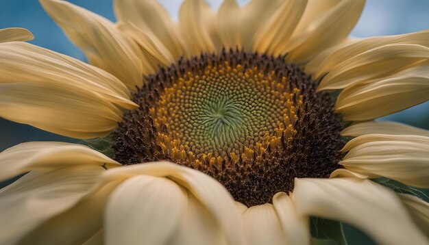 a close up of a sunflower with the green center