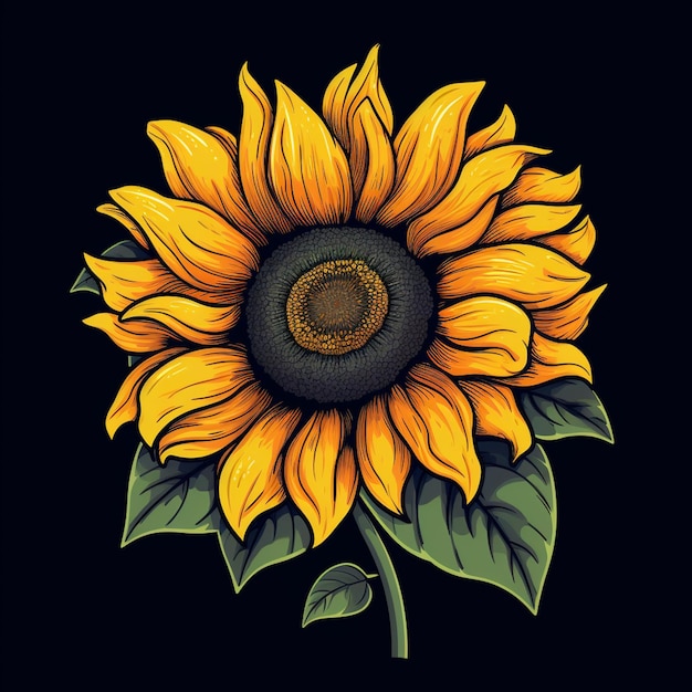 A close up of a sunflower with green leaves on a black background generative ai