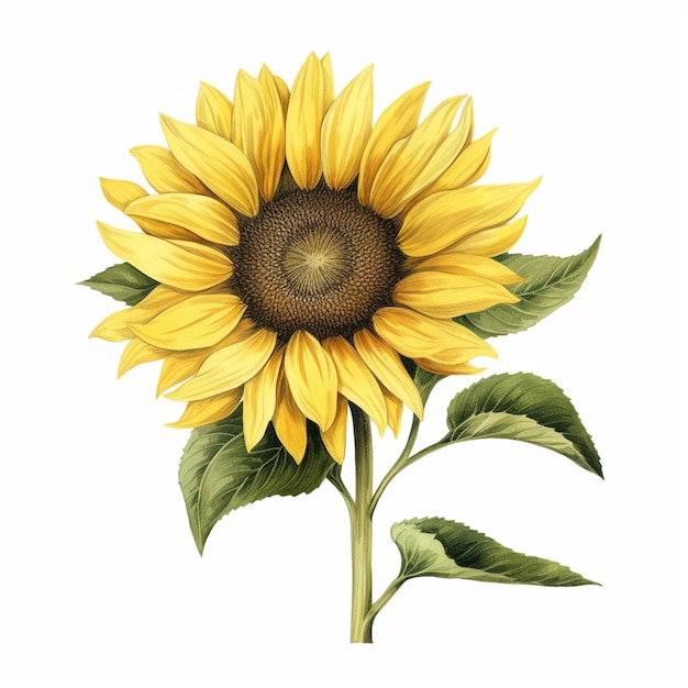 a close up of a sunflower with green leaves on a white background generative ai