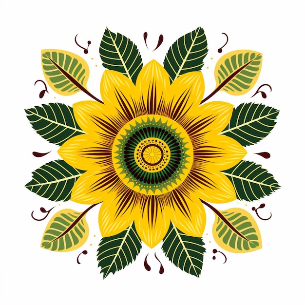 Photo a close up of a sunflower with leaves and a swirl generative ai