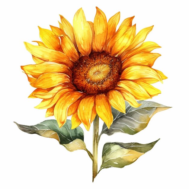 A close up of a sunflower with leaves on a white background generative ai