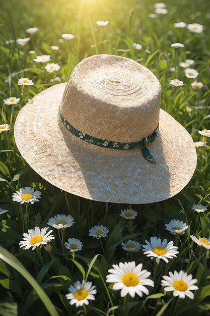 Close up of sunhat in grass and flowers on sunny day created using generative ai technology