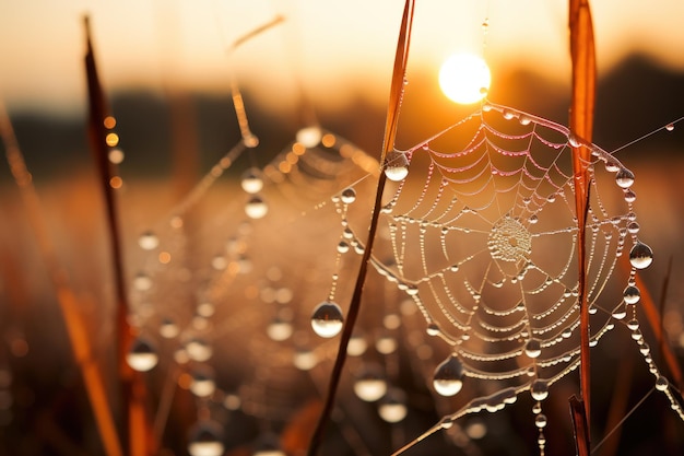 Close up Sunrise backlit dauwdruppels klampen zich vast aan een delicaat spinnenweb Generatieve AI