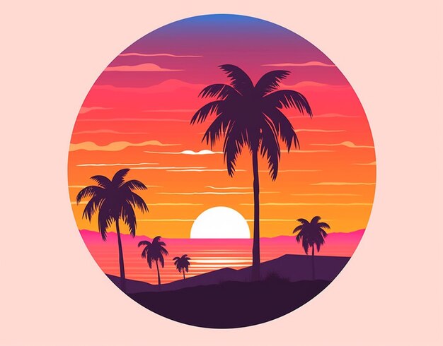 Photo a close up of a sunset with palm trees and a bench generative ai