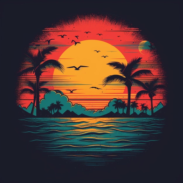 a close up of a sunset with palm trees and birds flying generative ai