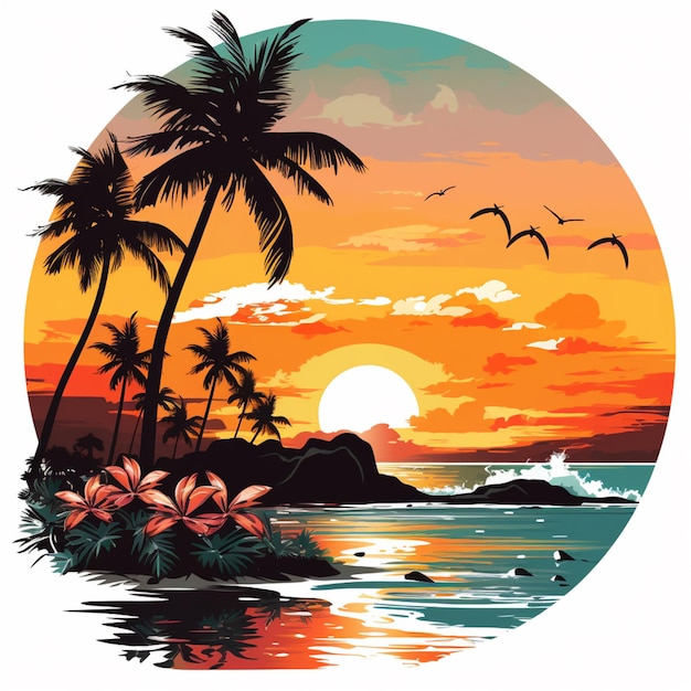 A close up of a sunset with palm trees and a body of water generative ai