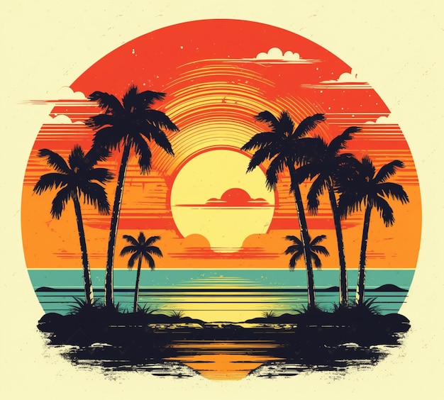 a close up of a sunset with palm trees and a body of water generative ai