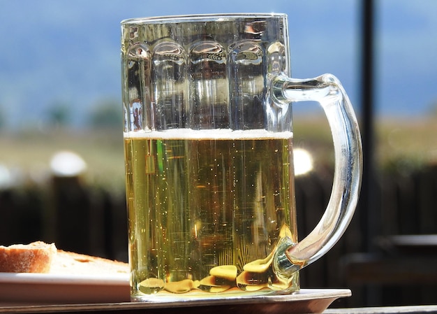 close-up surface level of beer on table