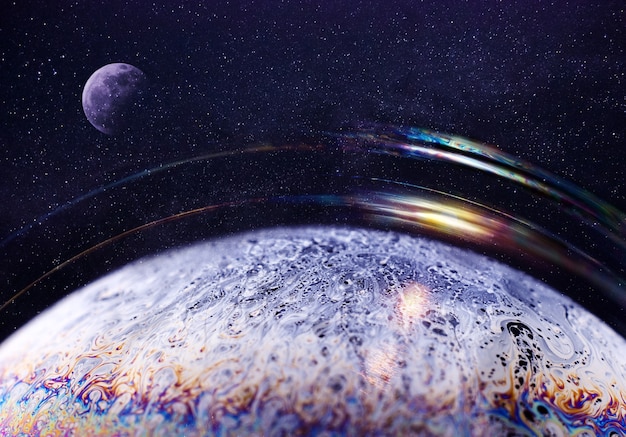 Close up surface of soap bubble seems like planet in space night starry sky and moon in a creative collage. Bright creative background.