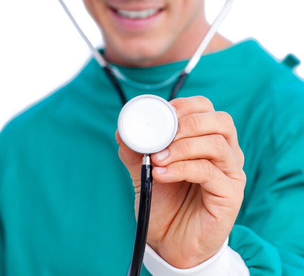 Close up of a surgeon showing his tool