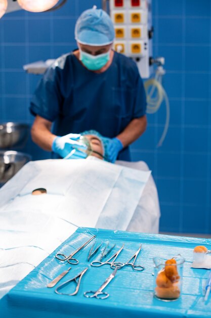 Close-up of surgical tool on tray