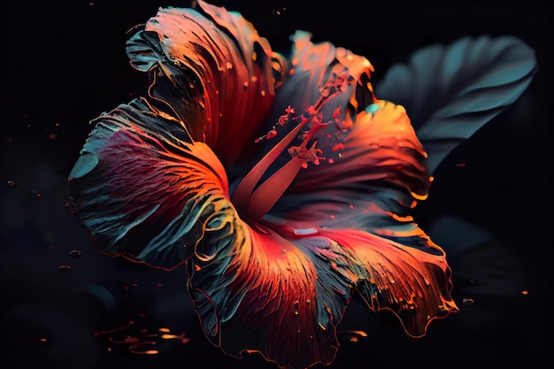 Close-up of a surrealistic neon hibiscus flower, reverberating light, vivid colours,