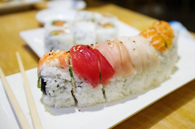 Close-up of sushi served in plate