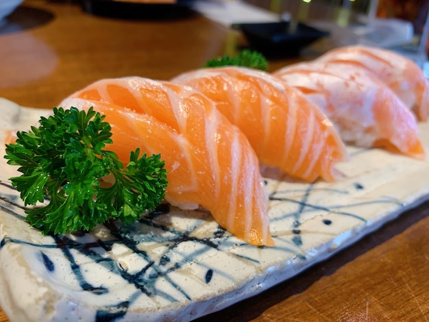 Close-up of sushi served in plate