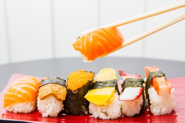 Close-up of sushi served in plate