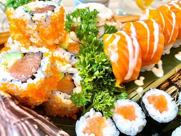 Close-up of sushi served in plate