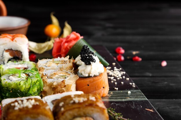 Close-up of sushi served on table