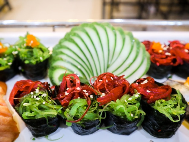 Close-up of sushi served on table