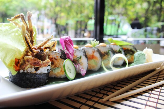 Close-up of sushi served on table