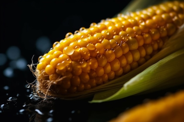 A close up of a sweet corn on a black background