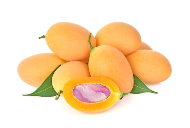 Close up, sweet marian plum thai fruit (mayongchid) isolated on white background